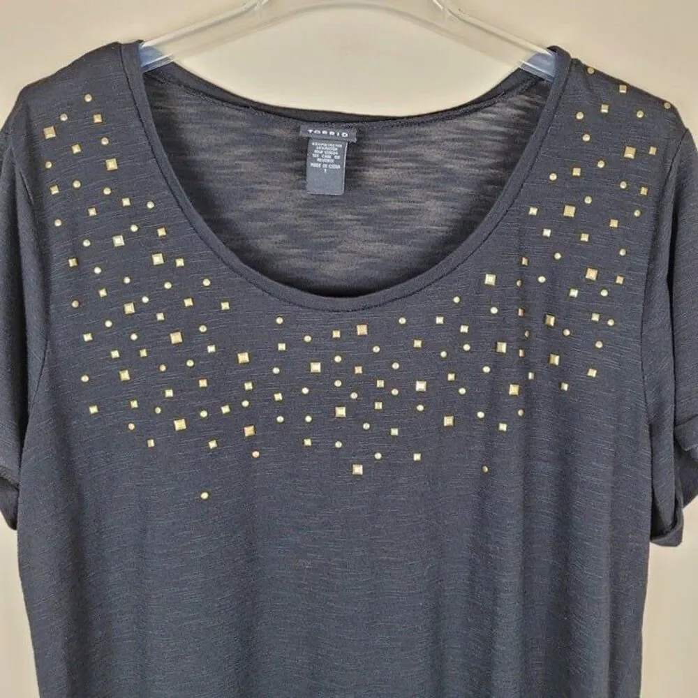 Torrid Size 1X Studded Short Sleeve Top Stretch Black Gold - Picture 3 of 10